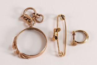 Some scrap gold items - Brooch, earring and guinea mount with jump rings, all tested as 9ct gold,