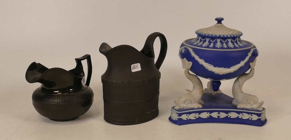 Wedgwood Dip Blue dolphin pastile burner together with unmarked black basalt milk jugs (a/f) (3)