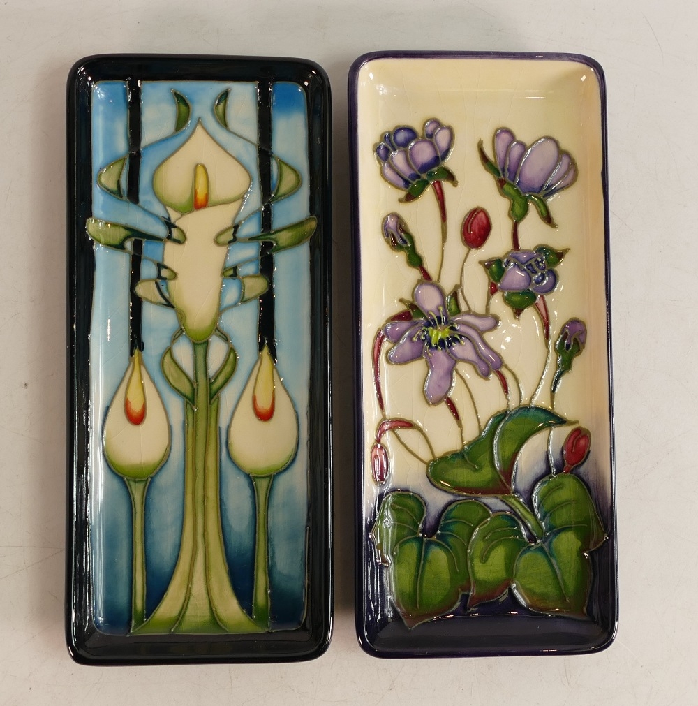 Moorcroft rectangle tray in the Calla lily ( silver lined) and Hepatica designs. Boxed