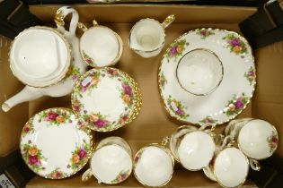 Royal Albert Old Country Roses Teaware to include teapot, milk jug, sugar dish, cake plate, 12