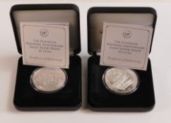 Two solid sterling silver proof £5 coins with boxes & certificates. Both QEII TDC Platinum Wedding