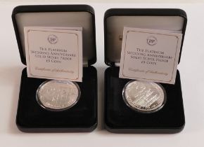 Two solid sterling silver proof £5 coins with boxes & certificates. Both QEII TDC Platinum Wedding