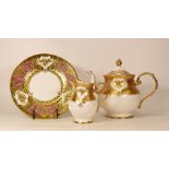Large De Lamerie Fine Bone China heavily gilded Royale patterned Tea Pot, Milk Jug & Plate,