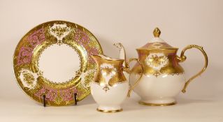 Large De Lamerie Fine Bone China heavily gilded Royale patterned Tea Pot, Milk Jug & Plate,