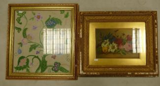 E Steele still life oil painting depicting flowers in guilt frame together with framed floral silk