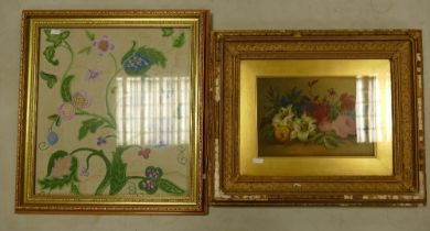 E Steele still life oil painting depicting flowers in guilt frame together with framed floral silk