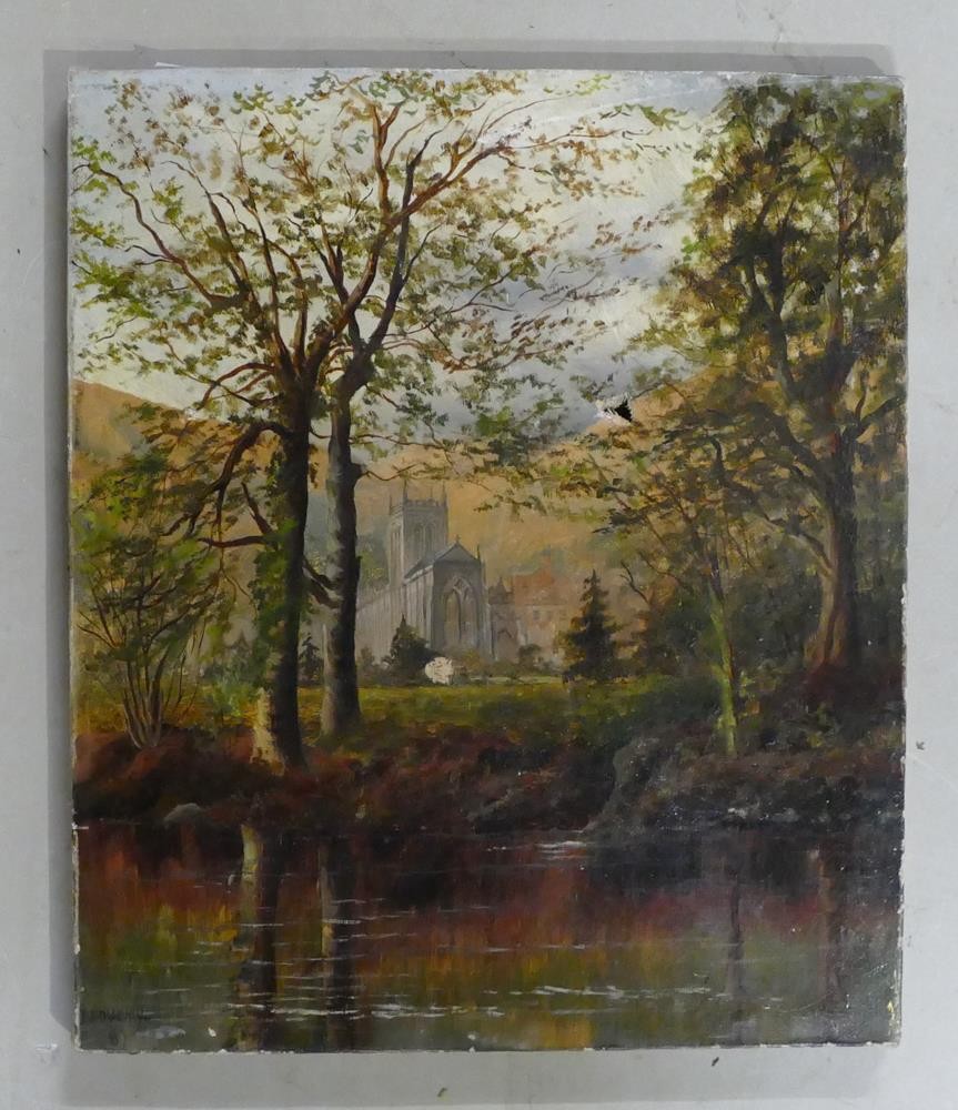 P. Fourmy, forest scene with lake to fore leading to view of a cathedral. Unframed mounted oil on - Image 2 of 3