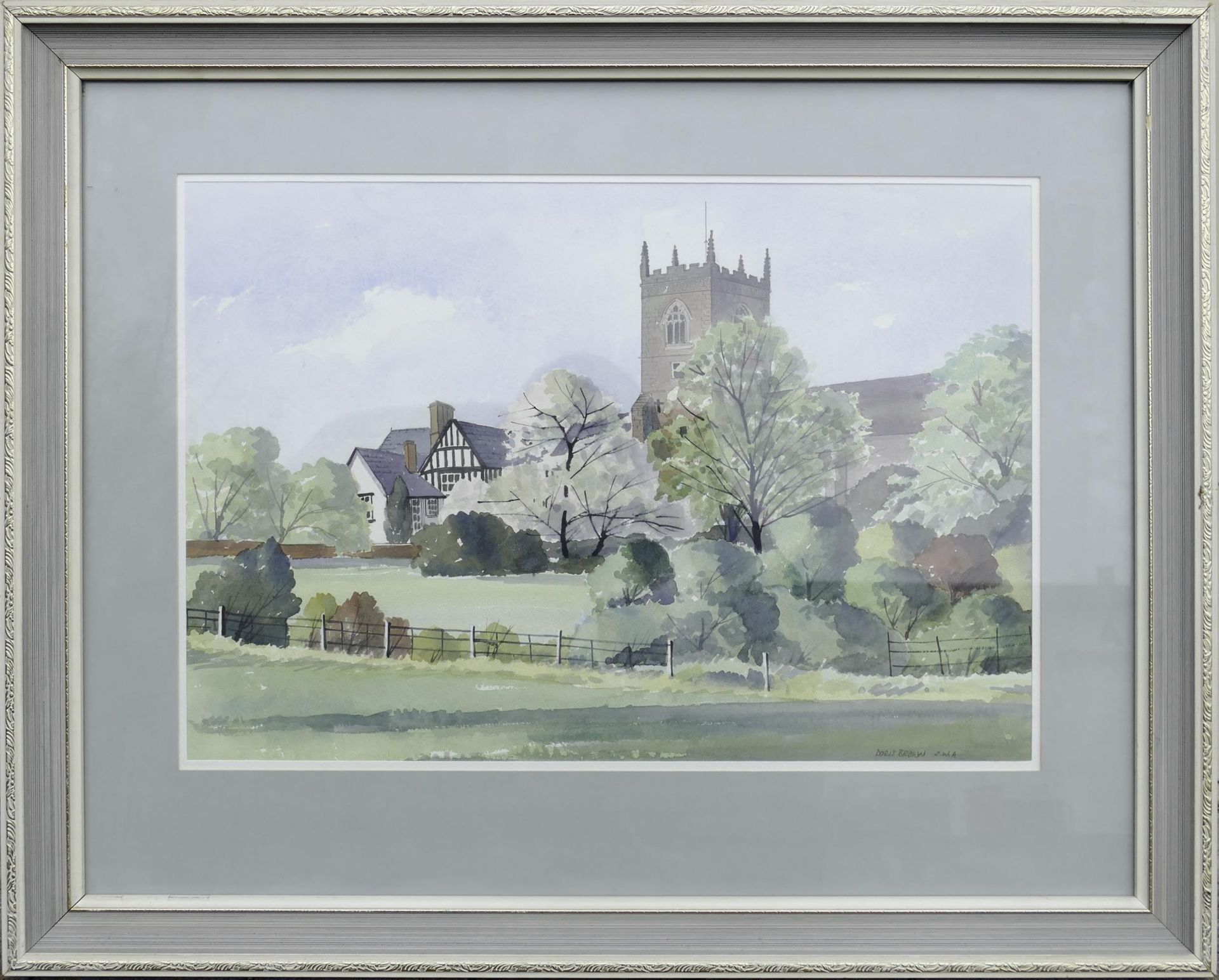 Doris Brown S.W.A (1933-2023). 'Lapley Village Church, Staffordshire' View with Church and Tudor
