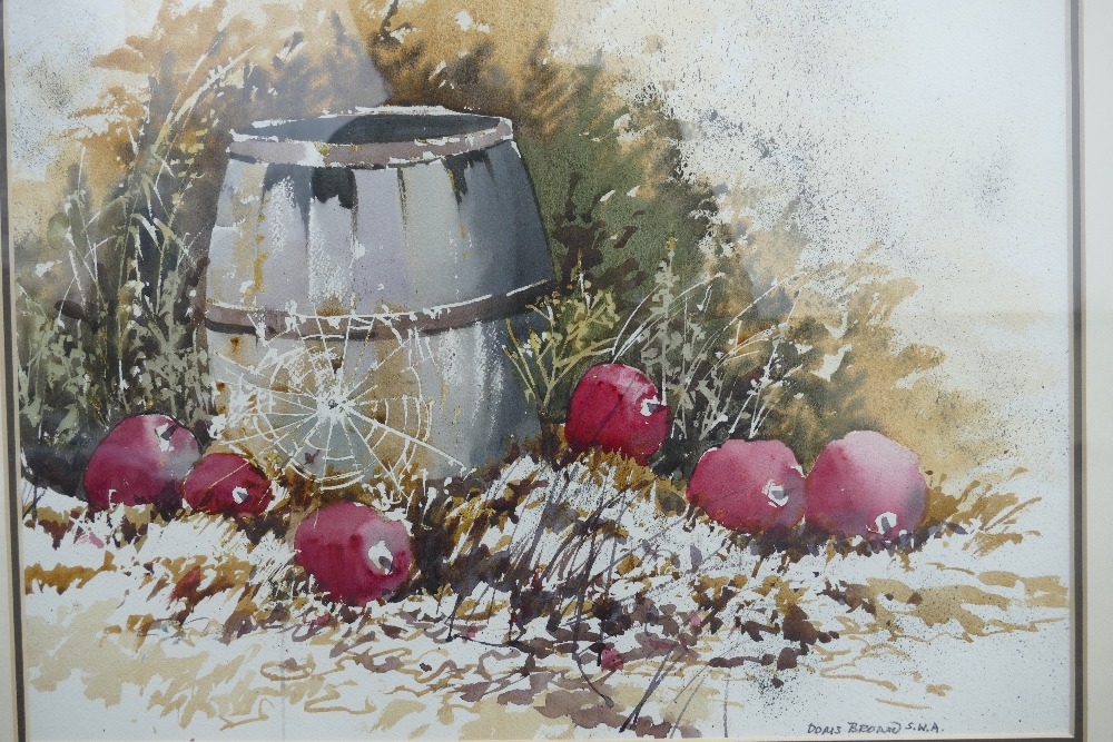 Doris Brown S.W.A (1933-2023) Vignette of a Cobwebbed Barrel with Strewn Red Apples. Watercolour - Image 6 of 8
