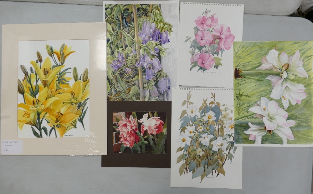 June Inskip (Local Artist). Six Floral Watercolours. Two mounted examples with four unmounted.