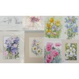 A Collection of Eight Floral Watercolours and one Rural Building Pen Sketch by Doris Brown S.W.A (