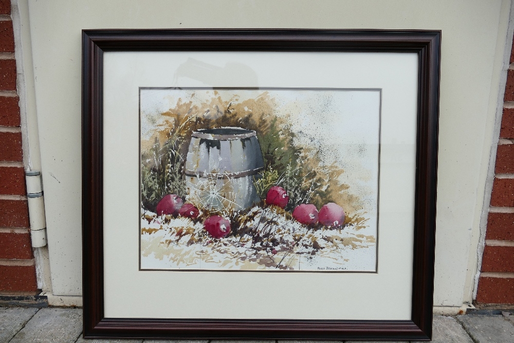 Doris Brown S.W.A (1933-2023) Vignette of a Cobwebbed Barrel with Strewn Red Apples. Watercolour - Image 5 of 8