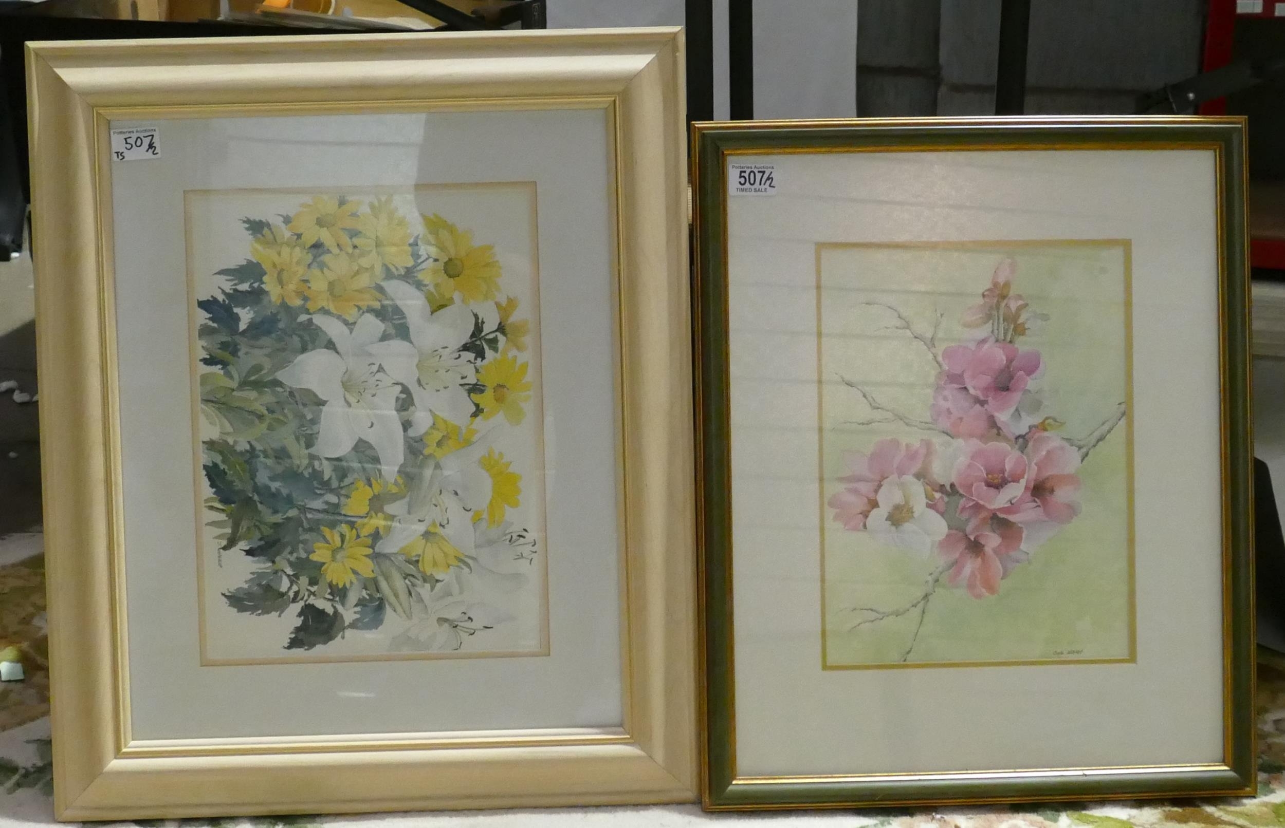 June Inskip (Local Artist). Two Floral Spray Still Lifes of Orchid and Similar. Watercolour on
