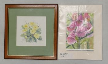 June INSKIP (Local Artist) Two Floral Watercolours, one Floral Vignette, framed behind glass