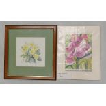 June INSKIP (Local Artist) Two Floral Watercolours, one Floral Vignette, framed behind glass