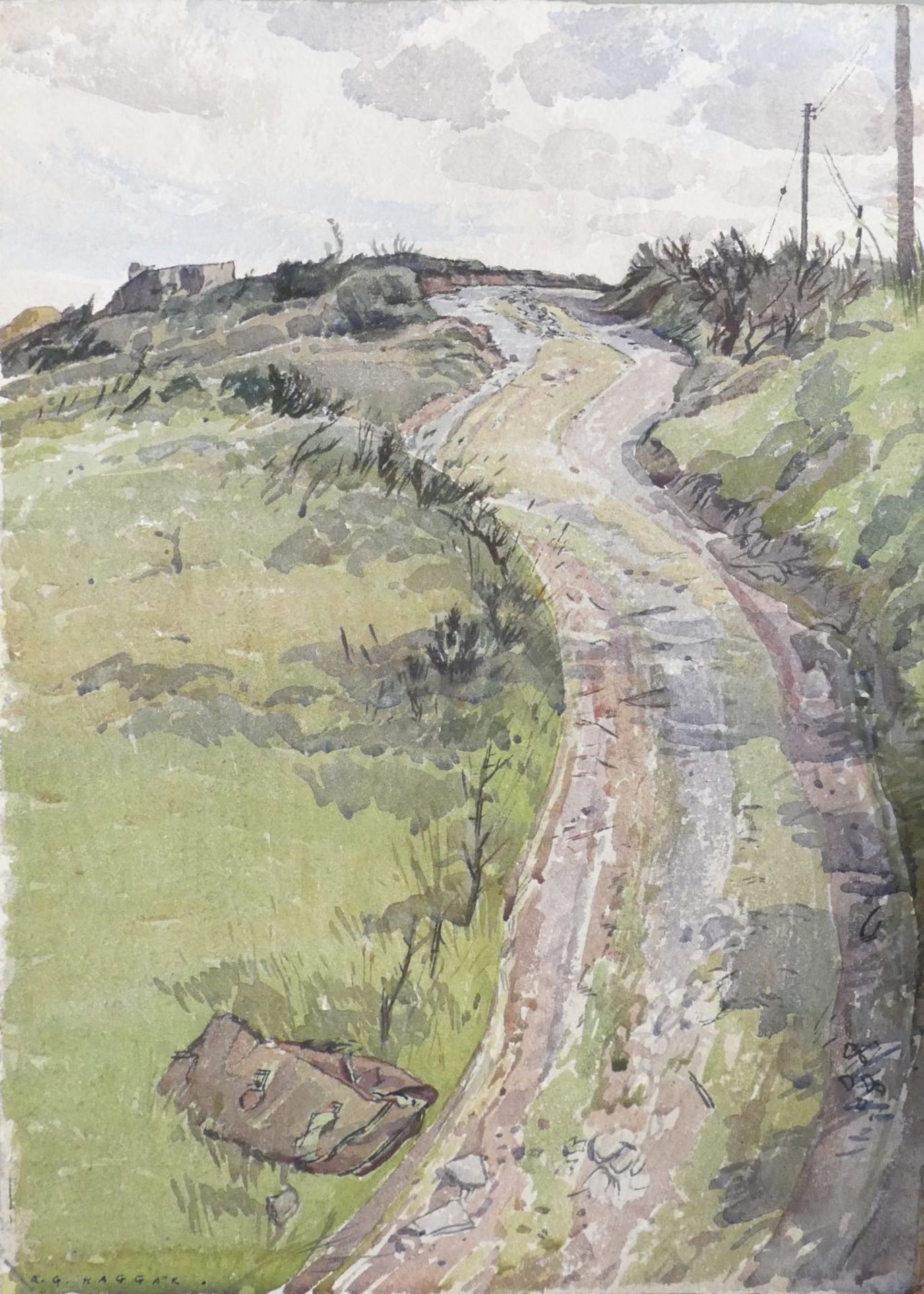Reginald George HAGGAR (1905–1988), Countrylane Scene with Telephone Wires. Watercolour on paper,