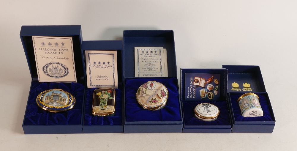 Halcyon days enamelled lidded boxes to include Pennsylvania box , Royal Wedding 19/6/99 ,