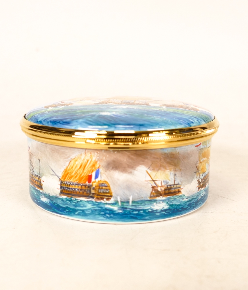 Moorcroft enamel Broadside round lidded box by Peter Graves , Limited edition 16/25. Boxed with - Image 2 of 7