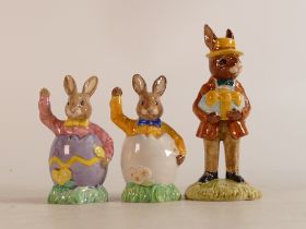 Royal Doulton Bunnykins figures Easter Greetings DB149, Easter Surprise DB225 and Mr Bunnykins at