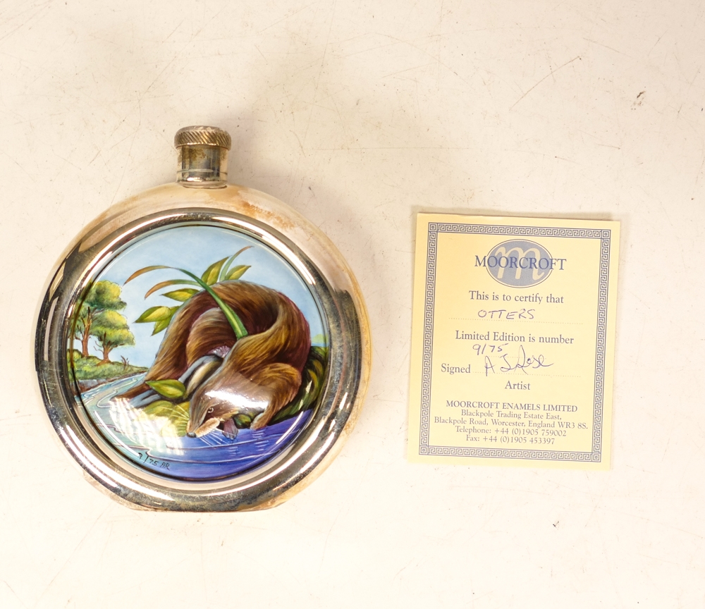 Moorcroft enamel and silver Otter hip flask by Amanda Rose , Limited edition 9/75. Boxed with - Image 2 of 3