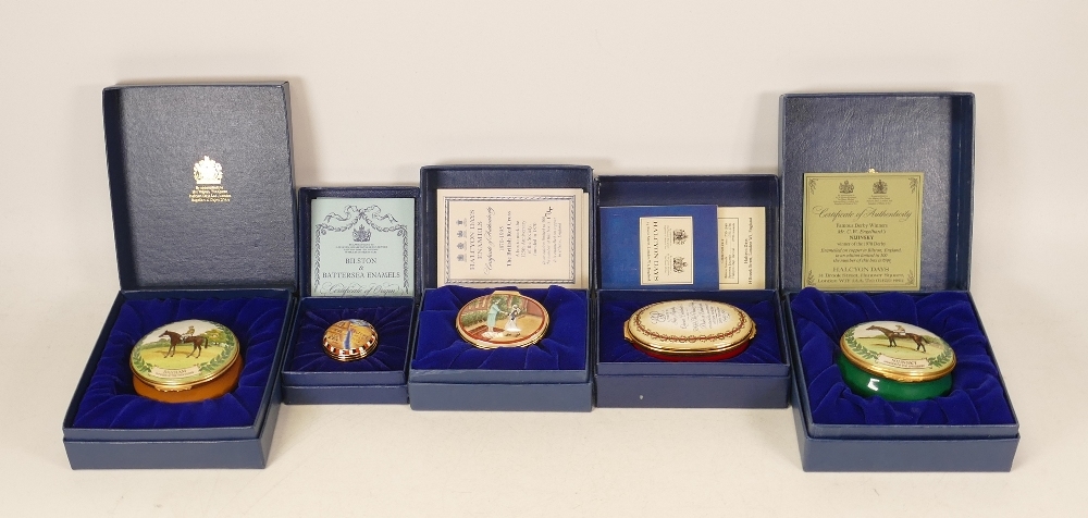 Halcyon days enamelled lidded boxes to include Bahram, Nijinsky, Queen Elizabeth & Prince Andrew