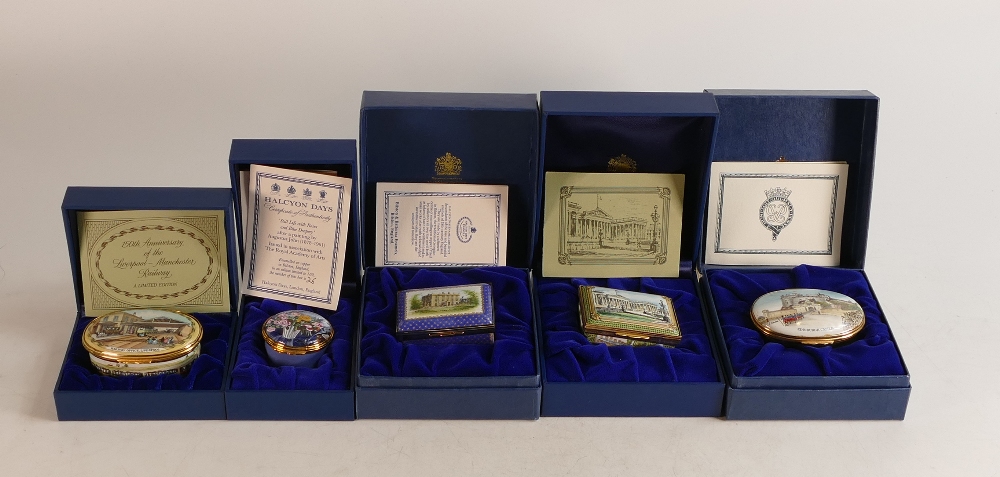 Halcyon days enamelled lidded boxes to include Edinburgh castle, British museum , Railway office