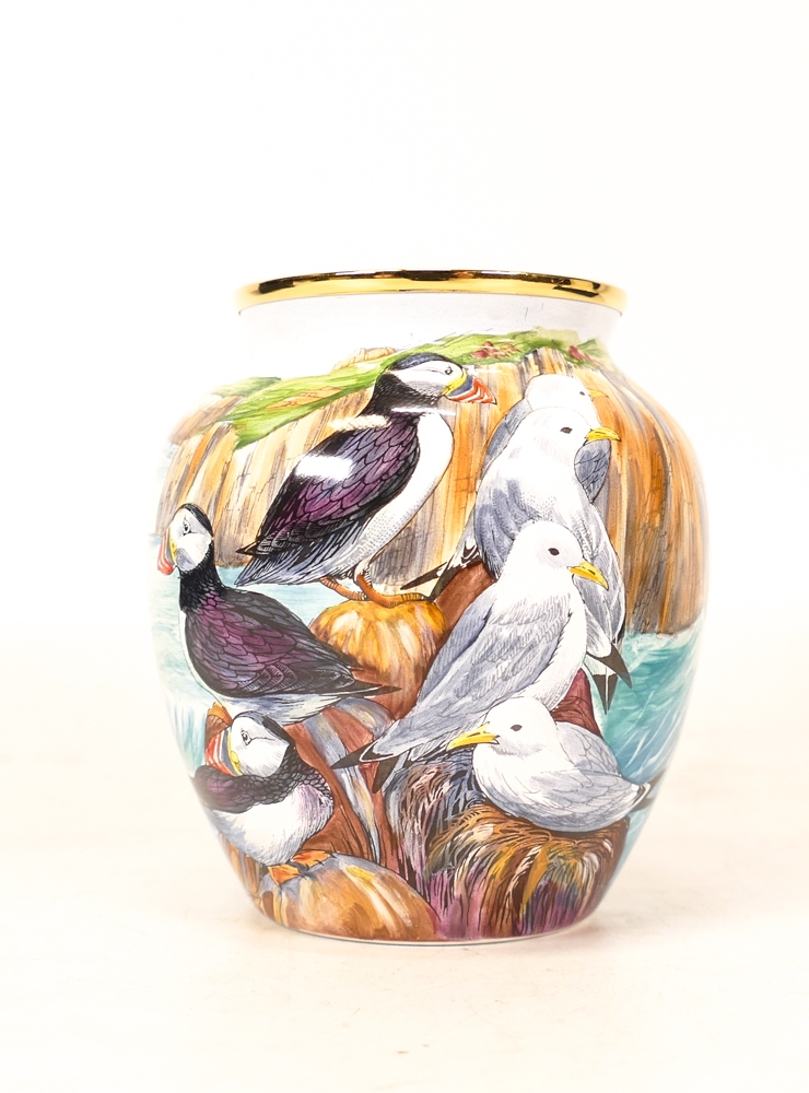 Moorcroft enamel Lundy Island vase by R Douglas Ryder , Limited edition62/75. Boxed with - Image 4 of 5