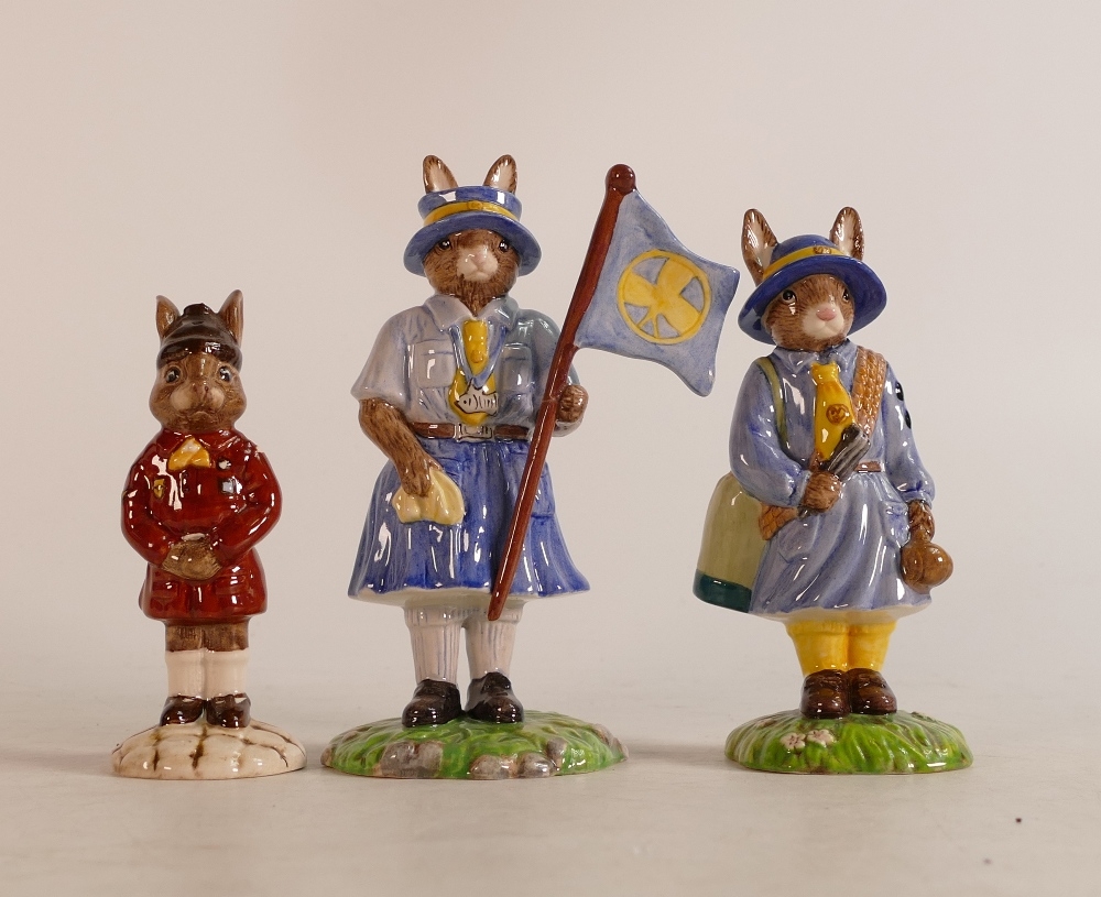 Royal Doulton Bunnykins figures Girl Guide DB431, Brownie DB61 and Guide Leader DB433 (a/f),