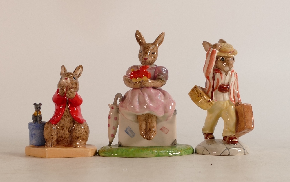 Royal Doulton Bunnykins figures Sitting on a Suitcase DB482, Father DB154 and William Listening