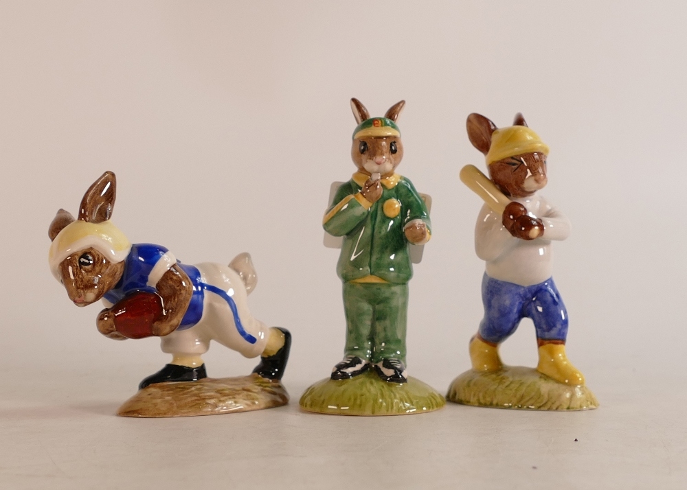Royal Doulton Bunnykins figures Home Run DB43, Stopwatch DB253 and Touchdown DB29, 2 boxed (3)