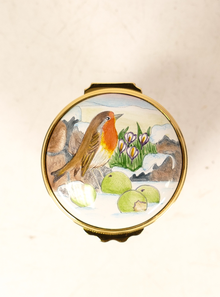 Moorcroft enamel Last snow of winter round lidded box by R Douglas Ryder , Limited edition 19/50. - Image 4 of 7