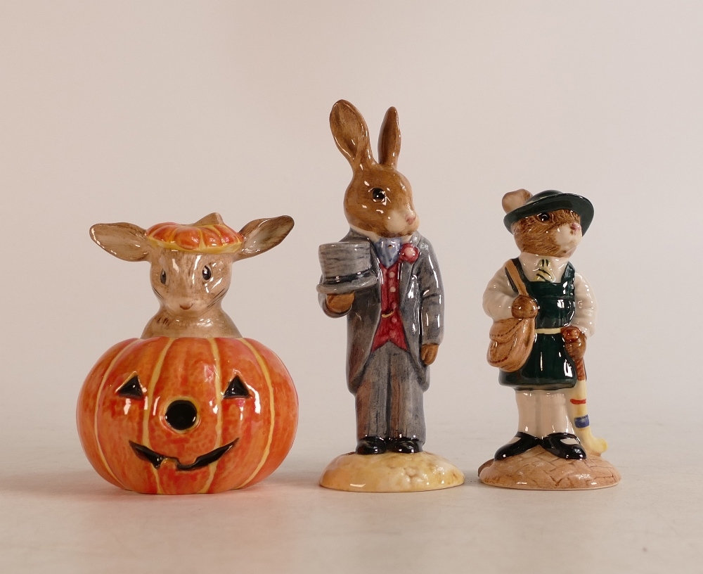 Royal Doulton Bunnykins figures Schooldays DB57, Halloween DB132 and Groom DB102, boxed (3)