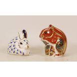 Two Royal Crown Derby paperweights Red Squirrel & Rabbit , gold stoppers, each boxed (2)