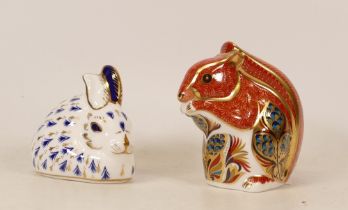 Two Royal Crown Derby paperweights Red Squirrel & Rabbit , gold stoppers, each boxed (2)