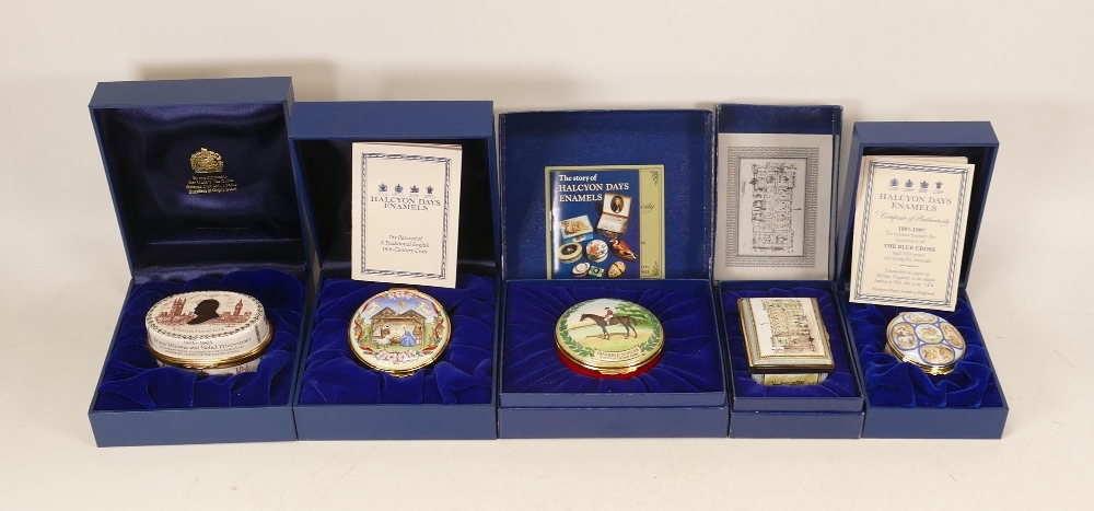 Halcyon days enamelled lidded boxes to include Winston Churchill, Blue Cross limited edition with