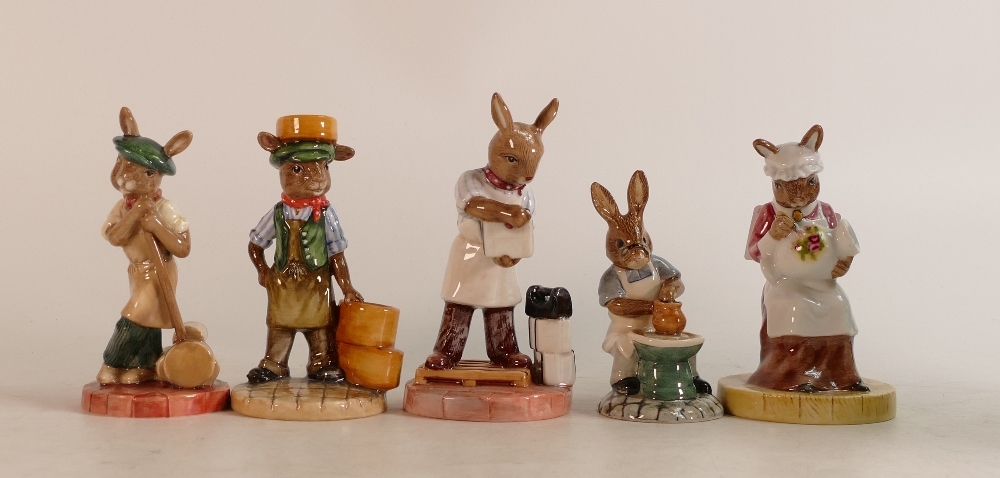 Royal Doulton Bunnykins figures: Saggar Maker DB423, Kiln Placer DB405, Paintress DB465, Mould Maker