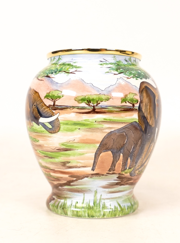 Moorcroft enamel Elephants at the waterhole vase by R Douglas Ryder , Limited edition 88/200. - Image 3 of 5