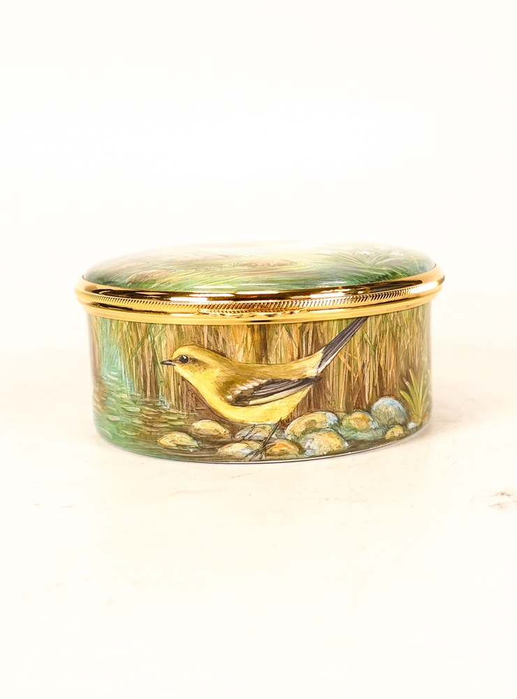 Moorcroft enamel Yellow Wagtail round lidded box by Terry Halloran , Limited edition 29/75. Boxed - Image 4 of 6