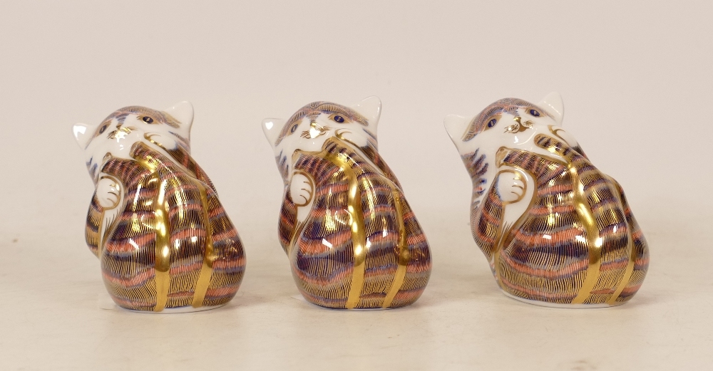 Royal Crown Derby paperweights three Playful Kittens, gold stoppers, each boxed (3)