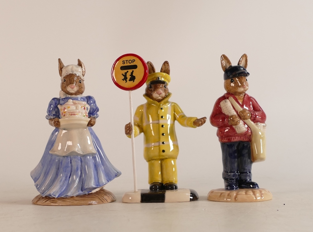 Royal Doulton Bunnykins figures Paperboy DB462, Lollipop Man DB459 and Mother DB403, boxed (3)