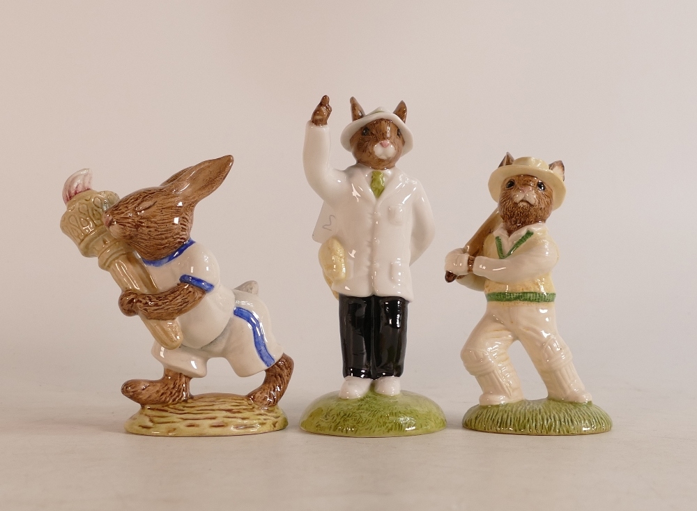 Royal Doulton Bunnykins figures Out for a Duck DB160, Olympic DB28 and limited edition Umpire