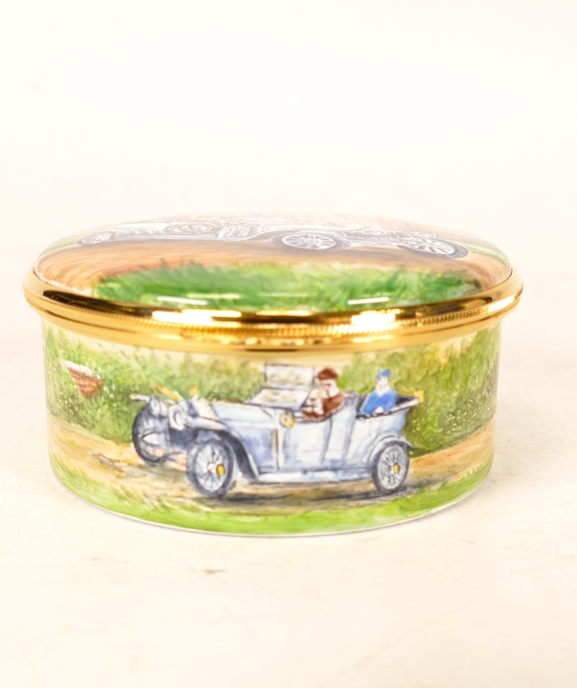 Moorcroft enamel Rolls Royce Silver Ghost round lidded box by Peter Graves . Boxed , Diameter 7.5cm - Image 2 of 5