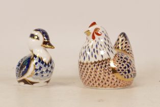 Royal Crown Derby paperweights Sitting Ducking and Chicken, gold stoppers, each boxed (2)