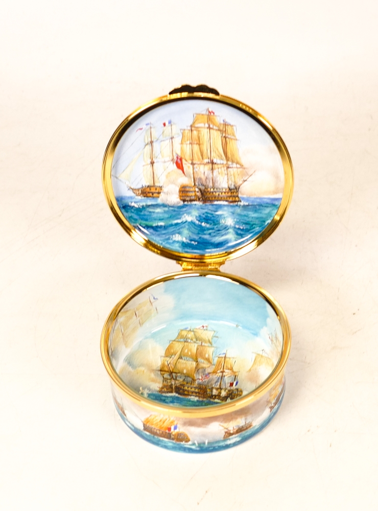 Moorcroft enamel Broadside round lidded box by Peter Graves , Limited edition 16/25. Boxed with - Image 5 of 7