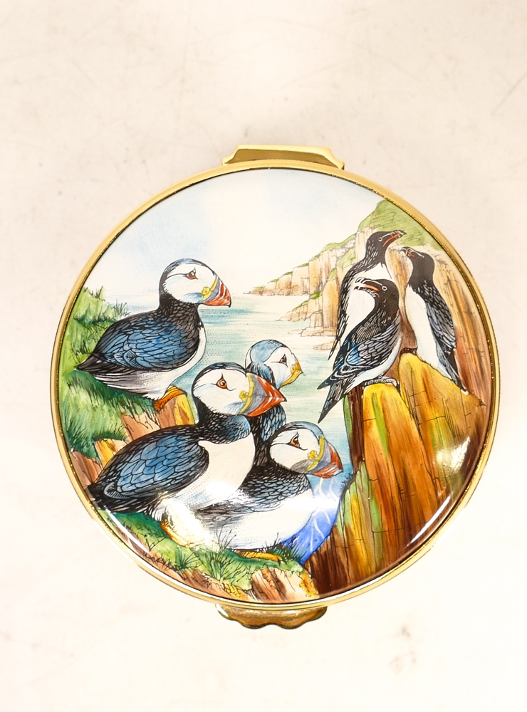 Moorcroft enamel Puffins round lidded box by R Douglas Ryder , Limited edition 68/75. Boxed with - Image 4 of 6