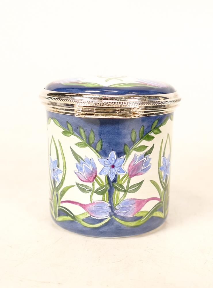 Moorcroft enamel Keffer Lily round lidded box by R Douglas Ryder ,Two star collectors club piece , - Image 4 of 5