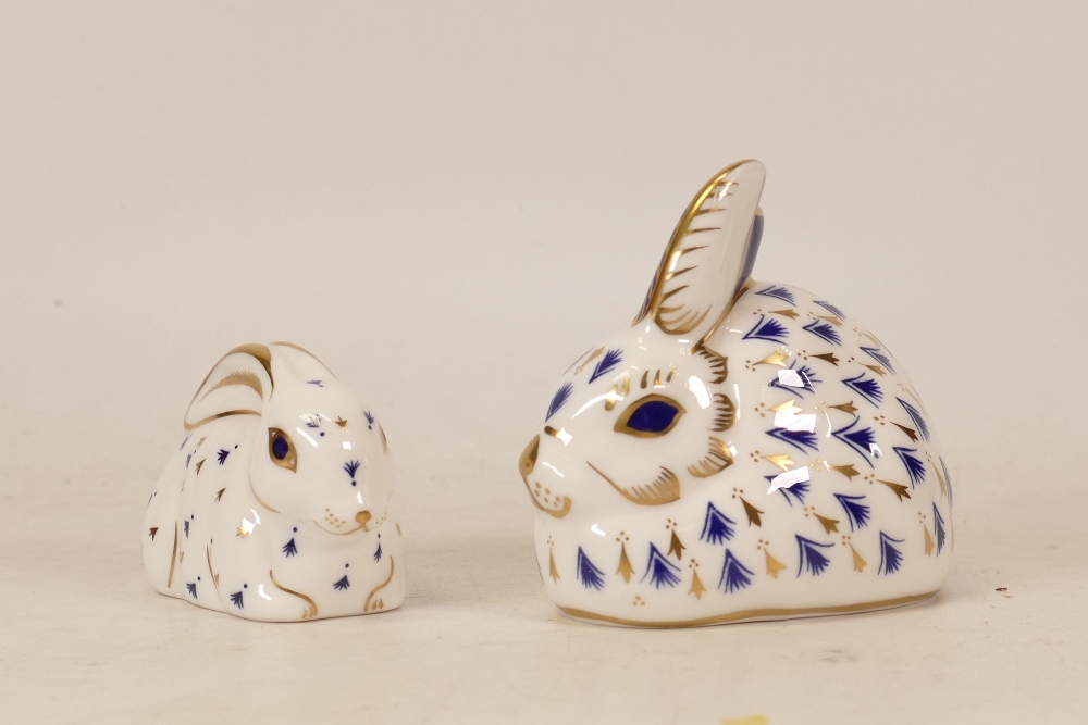 Two Royal Crown Derby paperweights Rabbit & Baby Rabbit , gold stoppers, each boxed (2)