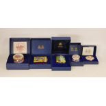 Halcyon days enamelled lidded boxes to include Establishment of single common market, Royal visit to