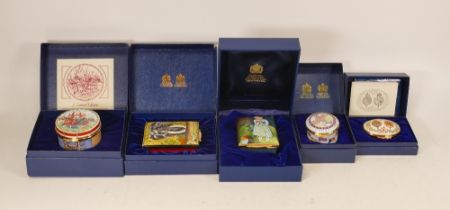 Halcyon days enamelled lidded boxes to include Establishment of single common market, Royal visit to