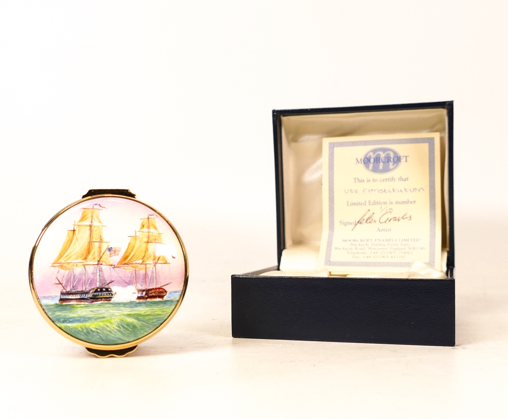 Moorcroft enamel USS Constitution round lidded box by Peter Graves , Limited edition 1/15. Boxed